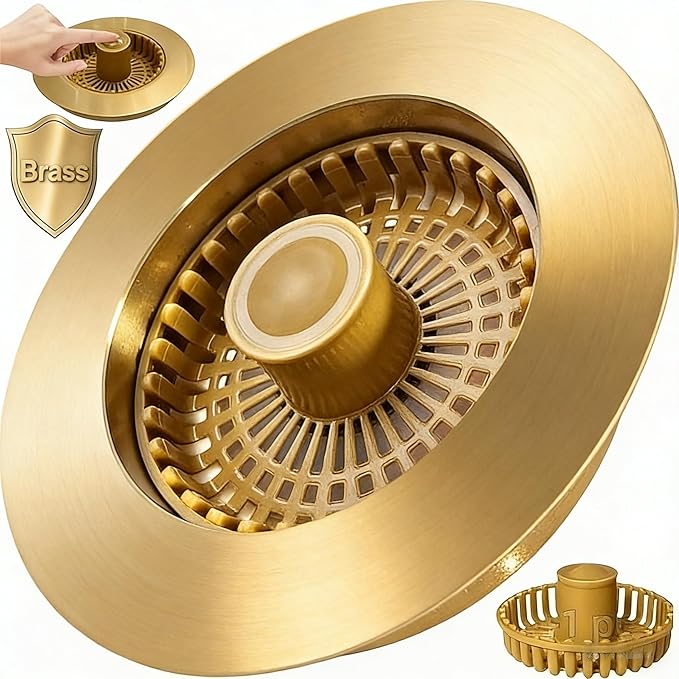 3 in 1 Kitchen Sink Stopper, Pop Up Kitchen Sink Drain Strainer, with an Extra Basket Strainer, Kitchen Sink Drain Stopper for US Standard 3-1/2 Inch, Brass Material Electroplate Gold,Easy to Clean