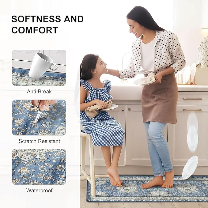 Collive Cushioned Kitchen Floor Mats, Anti Fatigue Kitchen Mats for Floor Non Slip Waterproof Sink Rugs, Comfortable Standing Desk Mat for Office, Laundry Room, 17"x47"-Blue