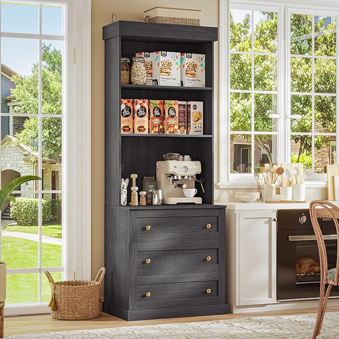 71" Tall Farmhouse Kitchen Pantry, Large Storage Cabinet with Drawers, Freestanding Coffee Bar Hutch with Microwave Stand, Adjustable Shelves for Kitchen, Living Room, Black 3 Pcs