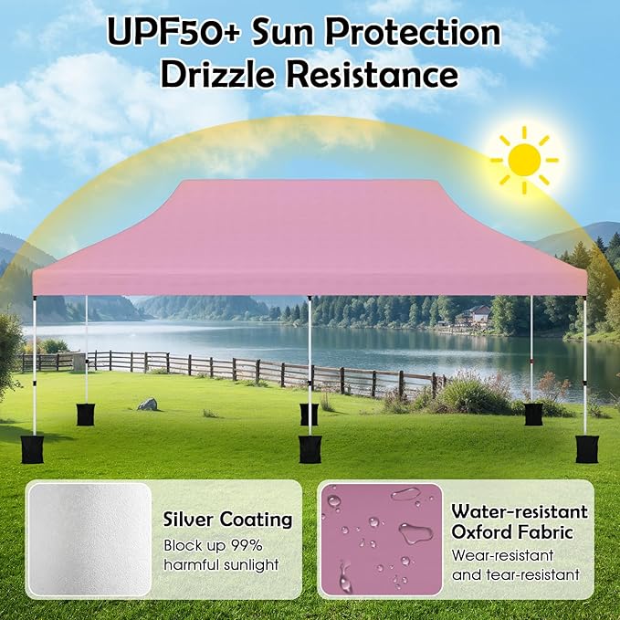 Tangkula 10x20 Ft Pop Up Canopy, Instant Setup Tent with 6 Sandbags, 12 Stakes & 6 Ropes, UPF 50+ Portable Outdoor Canopy Tent with Carrying Bag for Camp, Beach, Patio (Pink)