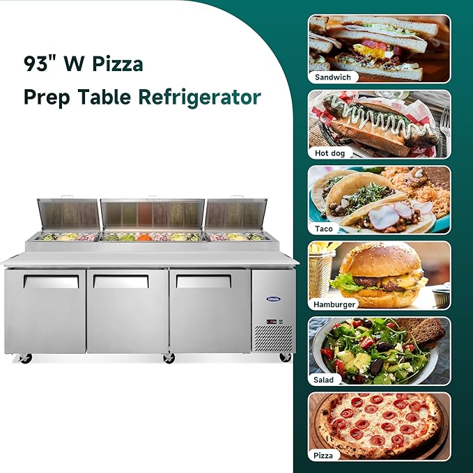 93" Commerical Pizza-Sandwich Prep Table Refrigerator - 3 Door Stainless Steel Refrigerator, 31 Cu.ft Capacity, Low Noise, Adjustable Shelves, Auto Defrost, Digital Temp Control