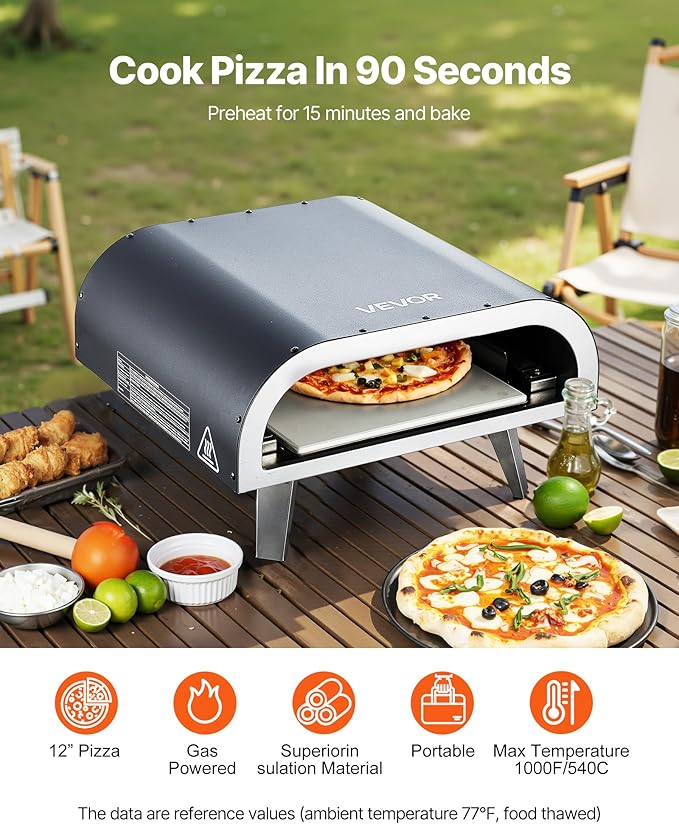 VEVOR Propane Outdoor Pizza Oven, 12 Inch Gas Pizza Maker, Portable Pizza Cooker with Thickened Pizza-Stone, Carry Bag, 3 Layers Pizza-Oven for Outside Backyard Patio Camping, Black