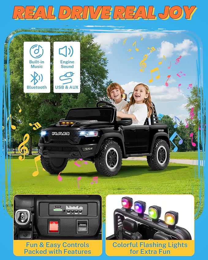 ENYOPRO 24V Ride on Toys for Big Kids, Licensed RAM 1500 RHO 2 Seater Toddlers Ride on Car w/Remote Control, Kids Electric Car w/Truck Bed Storage, Real Tailgate, Bluetooth, USB, LED Lights (Black)