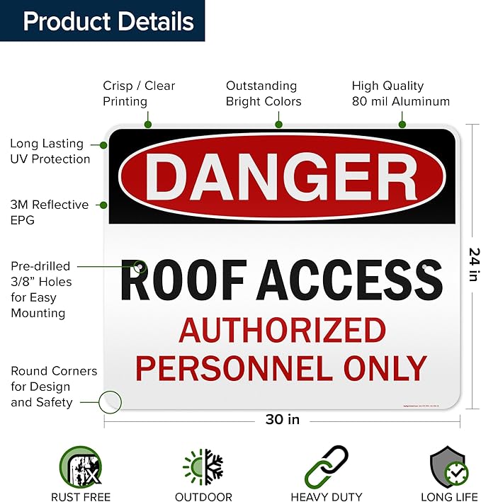 Danger Roof Access Authorized Personnel Only Sign, 24x30 Inches, 3M EGP Reflective, Rust Free .080 Aluminum, Fade Resistant, Made in USA by My Sign Center