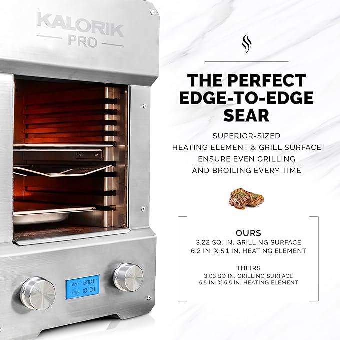 Kalorik Steakhouse Grill Pro Electric Broiler, 1500°F Stainless Steel Steak Cooker with 2 Grill Plates, Electric Grill for BBQ Burgers & Fish, 1600-Watts, Stainless Steel