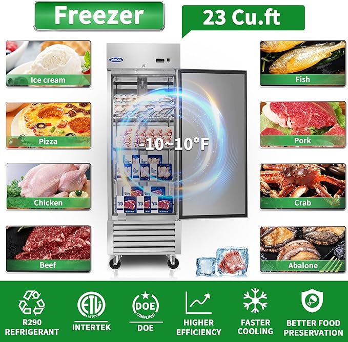Commercial Upright Freezer with Single Door 27" W 23 Cubic Feet Storage, Adjustable Shelving, Automatic Defrosting, Precision Digital Thermostat, LED Lights, Safety Locks