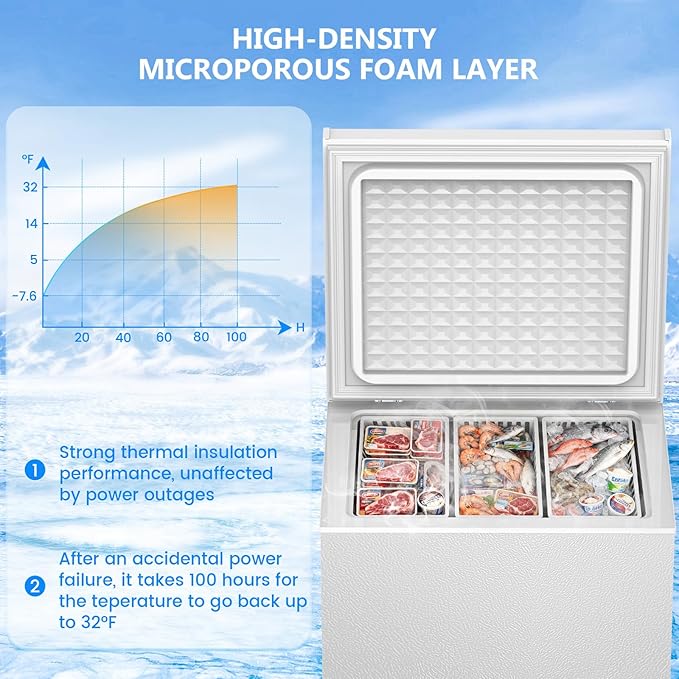 Cowsar 5.0 Cu.Ft Deep Freezer with 3 Basket, Quiet Chest Freezer Adjustable 7 Thermostat, Compact Freezer Free-Standing Top Door, Energy Saving for Apartment/Garage/Basement/Dorm/Home,White