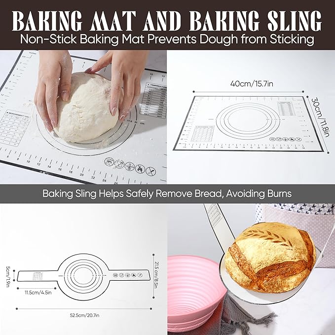 Sourdough Starter Kit with Jar – Complete Sourdough Bread Baking Supplies for Beginners, Includes 2 Silicone Proofing Baskets Baking Mat Sour Dough Kit - Pink