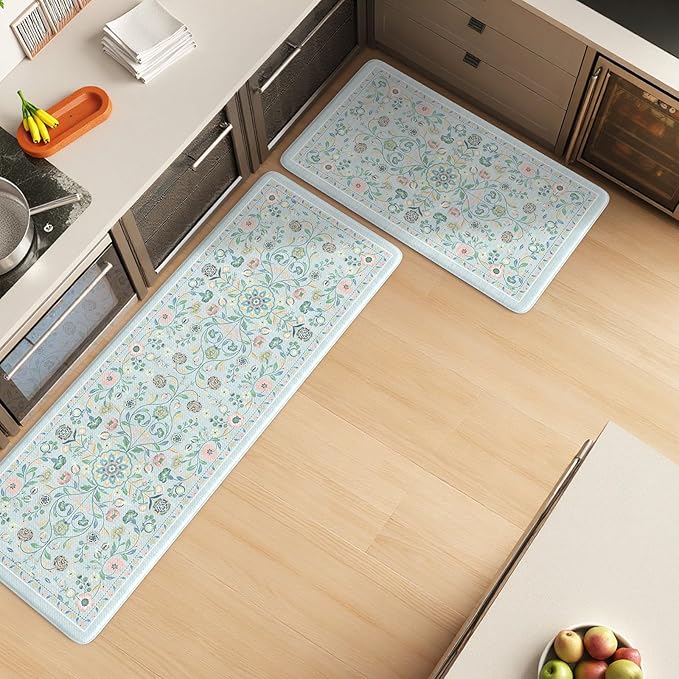 KIMODE Comfort Anti Fatigue Mats for Kitchen Floor,Boho Floral Kitchen Rugs Sets of 2 Non Slip,Cushioned Memory Foam Kitchen Mat Carpet for Laundry Sink Bathroom Office,Blue