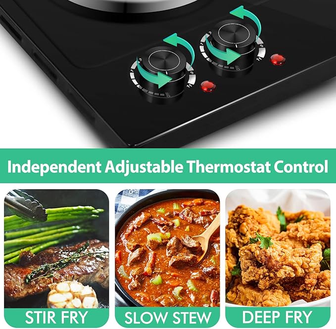 CUSIMAX Hot Plate, 1800W Electric Burner Double Hot Plate for Cooking Countertop Burner with Adjustable Temperature Control, Portable Electric Cast Iron Hot Plates Cooktop, Easy to Clean, Black