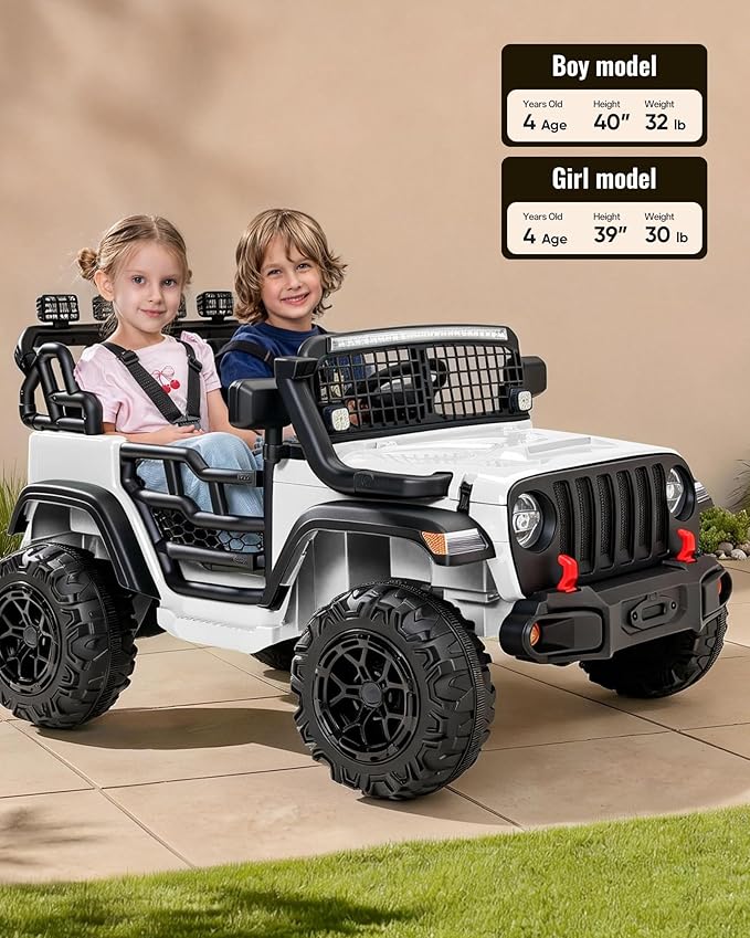 2 Seater Ride on Car Toy, 12V Electric Car for Kids 4-8 with Remote Control, Capacity 110 lb, LED Light - White
