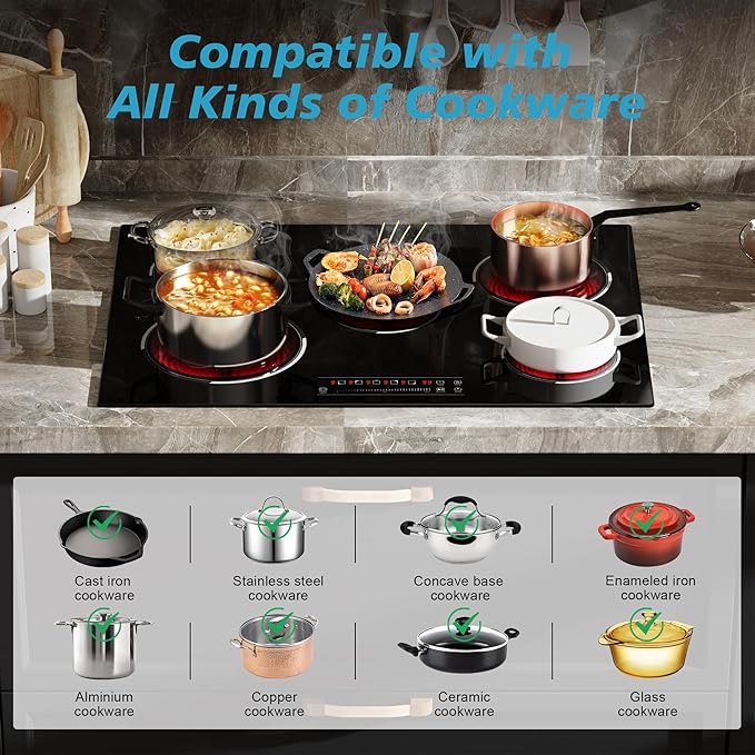 5 Burner Electric Cooktop, 30 Inch 8400W Built-in Electric Stovetop, Glass Ceramic Cooktop with Expanded Zone, Slide Touch Control, Child Lock, Timer, Pause, 220V - 240V Hard Wire, No Plug