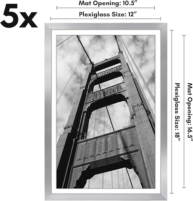 Americanflat 12x18 Poster Frame with Polished Plexiglass - Set of 5 - Use as 11x17 Frame with Mat or Display 12x18 Photo Without Mat - Galleria Collection - Picture Frames for Wall Display - Silver