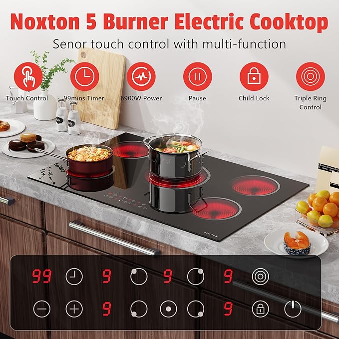 Noxton Electric Cooktop 30 Inch, 5 Burners Electric Stovetop, Drop-in Ceramic Cooktop 30”, Triple Ring, Pause, Timer, Child Safety Lock, 240V Hardwire(NO plug)