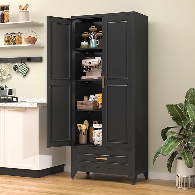 75” Kitchen Pantry Storage Cabinet,Metal Tall Storage Cabinet with Drawers and Adjustable Shelves,Modern Kitchen Hutch Cabinets,Freestanding Cupboard for Living Room