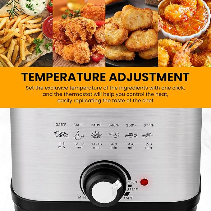 SUSTEAS 1.5 Liter/1.35QT Electric Deep Fryer, 900W, Timer Control, Adjustable Temperature, Lid with Viewing Window and Removable Frying Basket, Stainless Steel, Perfect for Kitchen, French Frie