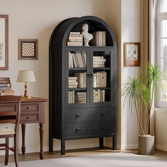 71'' Tall Arched Cabinet, Arched Kitchen Pantry Cabinet with Doors, Wood Arch Storage Cabinets Bookcase with 2 Large Drawers and Adjustable Shelves, Versatile Cupboard for Living Room, Black