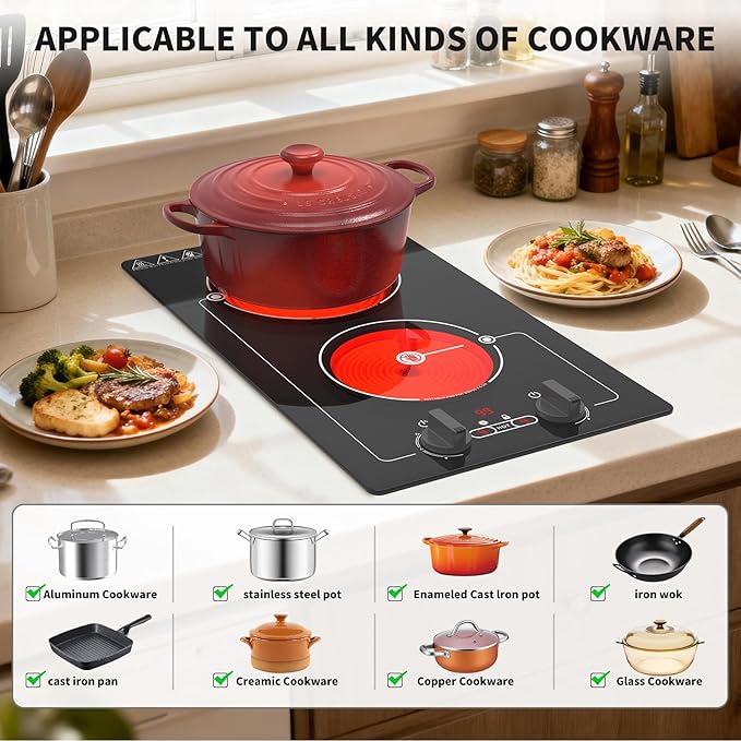 VBGK Electric cooktop,Built-in Design and Countertop Stove Top with Knob Control&Touch Control,9 Power Level, Timer & Kid Safety Lock,110-120V 2100W 2 burner Electric cooktop