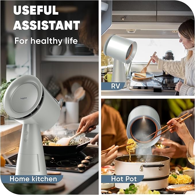 BREETEE Portable Range Hood Kitchen–5-Layer Filter Compact Desktop Exhaust Fan, Powerful 3-Speed Smoke Removal, Low Noise Countertop Range Hood, Oil Cup, for Apartments, Dorm, RV, Indoor BBQ–Off-white