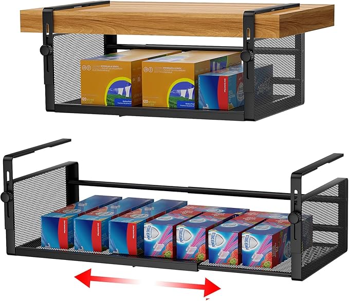 2Pack Under Shelf Basket, Adjustable Hanging Under Cabinet Shelf Storage, Hanging Holder Length Stretchable 14.9-22.6Inch for Kitchen Pantry Desk Counter Bookshelf Cupboard (Black)