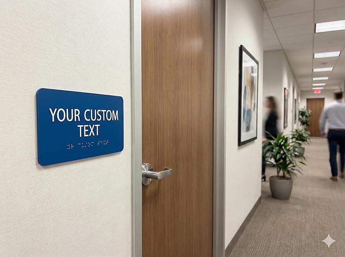 ALPHA DOG ADA SIGNS Custom ADA Braille Room Sign 4x8 Inch - Personalized Office Door Name Plate with Grade 2 Braille - ADA and Title 24 Compliant Signage - Made in USA - Blue