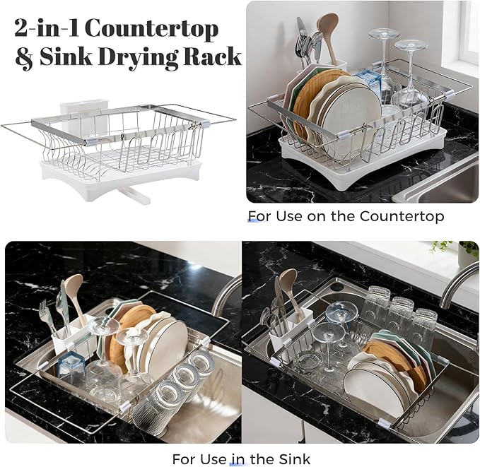 Expandable 2-in-1 Countertop & Sink Dish Drying Rack for Kitchen Counter, Stainless Steel Dish Drying Rack with Drain Board and Multi-Functional Kitchen Rack, Large Dish Rack Inside Sink
