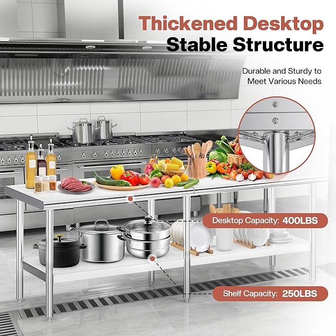 Jocisland 30" x 96" Stainless Steel Table for Prep & Work Adjustable Under Shelf and Feet, for Commercial Kitchen, Restaurant, Hotel, Garage