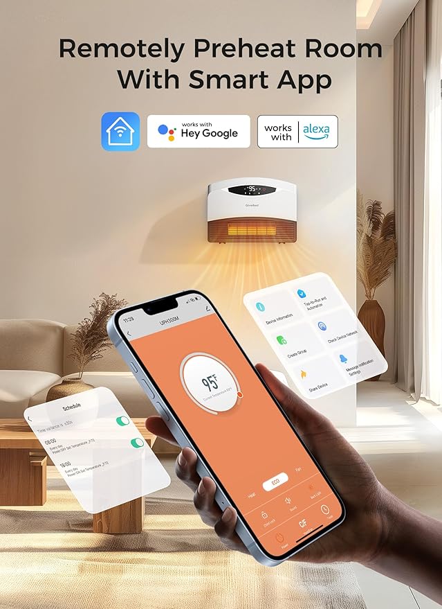 GiveBest Electric Wall Heater with WiFi and Remote Control, Floor or Wall Mounted Heater, Large Room Coverage, 3 Heating Modes, 1500W Fast Heating Space with Thermostat for Indoor Room Use, White