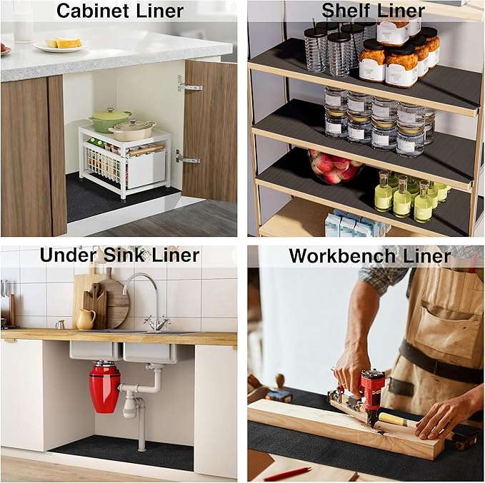 PABUSIOR Cabinet Liner for Under Sink: 5MM Thick Large Strong Grip Tool Box Drawer Mat - 24 Inch x 98.4 Inch Non-Slip Foam Kitchen Shelf Liner Black