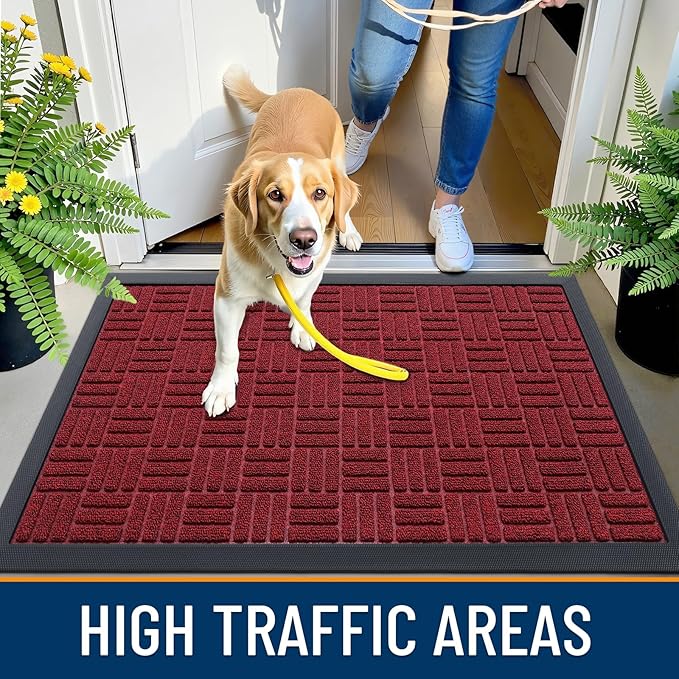 OLANLY Front Door Mat Outside Entrance 71x23, Absorbent, Heavy Duty Sturdy Natural Rubber Doormat Indoor Outdoor, Non-Slip, Stain and Fade Resistant, Low Profile Floor Mat for Entryway, Black Red