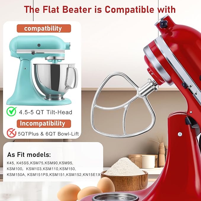 Premium Stainless Steel 5qt Flat Beater for Kitchenaid 4.5-5QT Tilt-Head Mixer, Polished Smooth Uncoated,Thoroughly Mixing with 0% Residue&Stable Operation, Dishwasher Safe, Durability,Recipes&Spatula