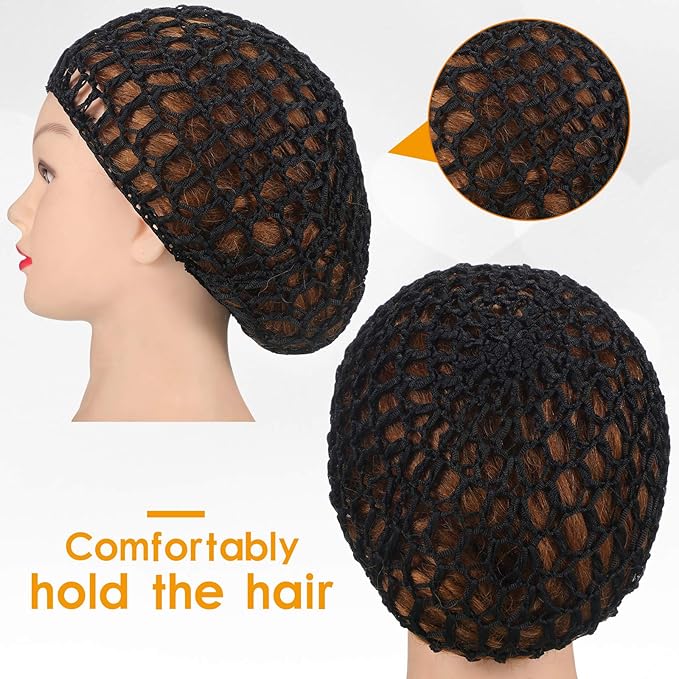 Geyoga 4 Pieces Mesh Crochet Hair Net Rayon Knit Snood Hat Thick Short Women Hairnet Snoods Cover Ornament for Sleeping (Black)