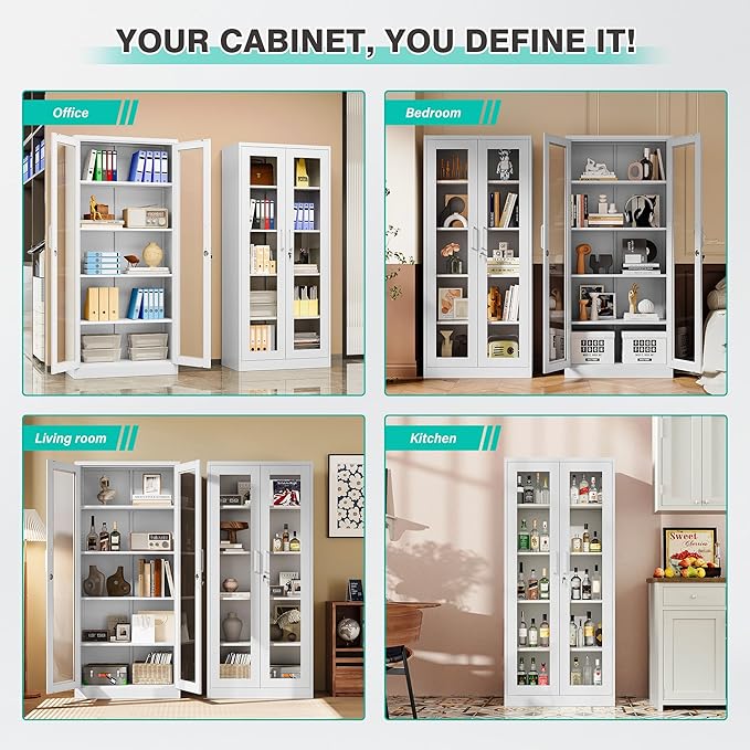 SISESOL Metal Storage Cabinet with Lock and Glass Doors,Glass Display Cabinet,67" Tall White Storage Cabinets,Locking Curio Cabinets with 5 Shelves for Collectibles,Home,Office,Living Room