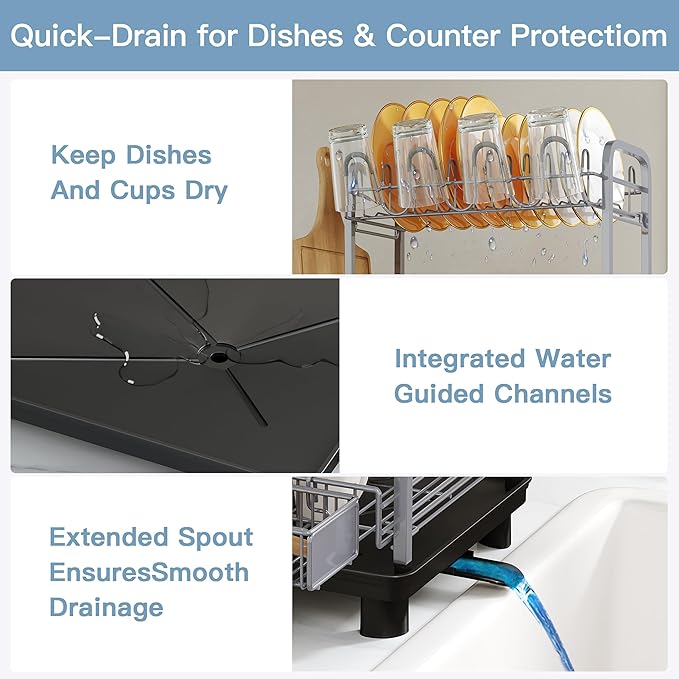2 Tier Gray Large Capacity Dish Drainers Drying Rack for Kitchen Counter, Metal Stainless Steel Rust Proof Plate Strainers Holder On Countertop with Drainboard Tray, Space Saving, Aesthetic Modern