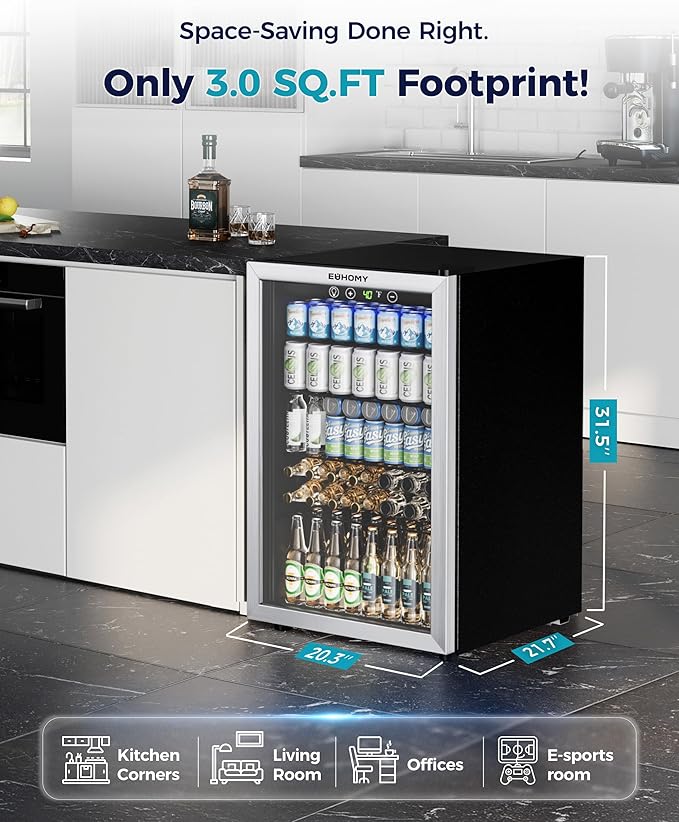 EUHOMY 4.5 Cu.ft Beverage Refrigerator and Cooler, 145 Can Mini fridge with Glass Door for Soda Beer Wine, Small Drink Dispenser with Digital Adjustable Thermostat for Home Office Bar