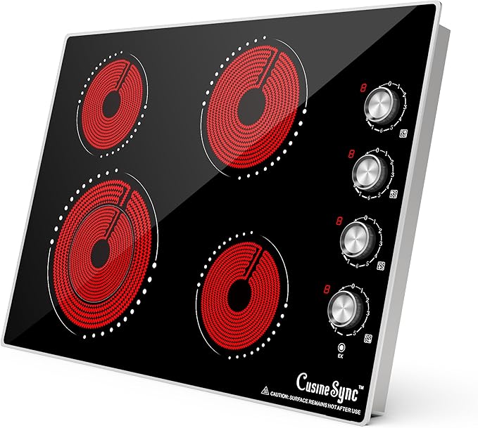 30 Inch Electric Cooktop, 4 Burner Electric Stove Top with 9 Power Levels, Knob Control, Auto shutdown and Residual Heat Warning, 7200W, 220-240V for Hard Wire