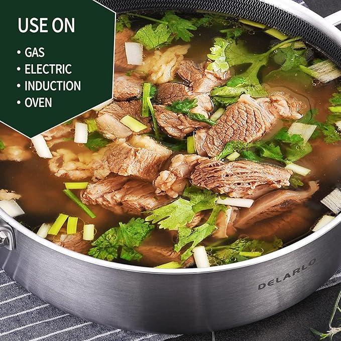 DELARLO Saute Pan 8QT, Frying Pan Nonstick with Lid, Tri-ply Stainless Steel Skillet, Large Braiser Induction, Everyday Pans, Heavy Duty Style, Compatible with All Cooktops Up to 660℉