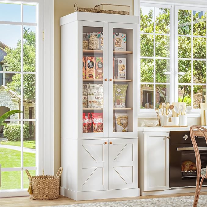 Vyre 71" Tall Farmhouse Kitchen Pantry, Large Storage Cabinets with Glass Doors, Hutch Cabinet with 3 Drawers, Adjustable Shelves for Living Room, Dining Room