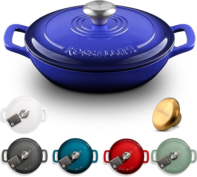 Signature Enameled Cast Iron Braiser, Non-Stick Serving Pot with Tight Fitting Lid for Perfect Roasting, Baking, Sauteing, Searing, and Pan Frying | 3.5Q (3.3L) - Indigo Blue