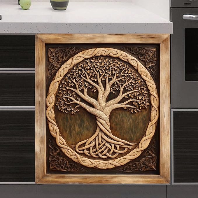 Wood Tree of Life Dishwasher Cover Skin Panel Decal, 3D Wood Sculpture Tree of Life Refrigerator Door Cover Vinyl Dishwasher Sticker - 23" W x 26" H Ordinary