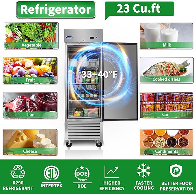 mikibama 27"W Commercial Refrigerator with Single Solid Door 23 Cu.ft Reach-In Refrigerators Stainless Steel ETL Approved Upright Fridge Storage for Restaurant,Temp Control 34℉~40℉, LED Light