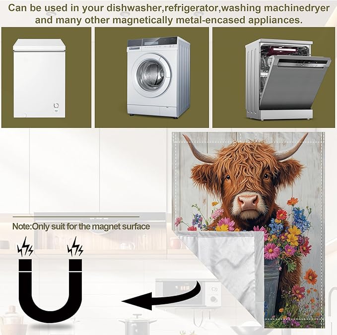 Magnetic Dishwasher Cover,Highland Cow Reusable Dishwasher Magnetic Cover Butterfly Flowers Decorative Door Covers Panel for Home Kitcen 23" x 26"