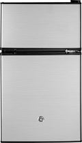 GE Mini Fridge With Freezer | 3.1 Cubic Ft. | Double-Door Design With Glass Shelves, Crisper Drawer & Spacious Freezer | Small Refrigerator Perfect for the Garage, Dorm Room, or Bedroom | Clean Steel