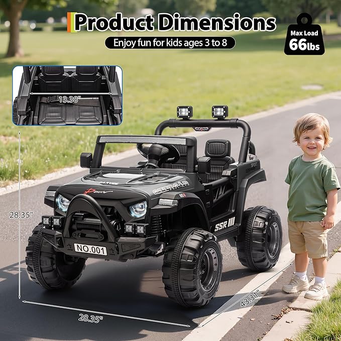 12V Kids Ride on Car, Electric Ride on Truck w/Parent Remote, Spring Suspension, Bluetooth Music, LED Light, 4.1Mph Max Speed, 3 Speeds, Battery Powered Vehicles for Kids Toddler Age 3-8, Black