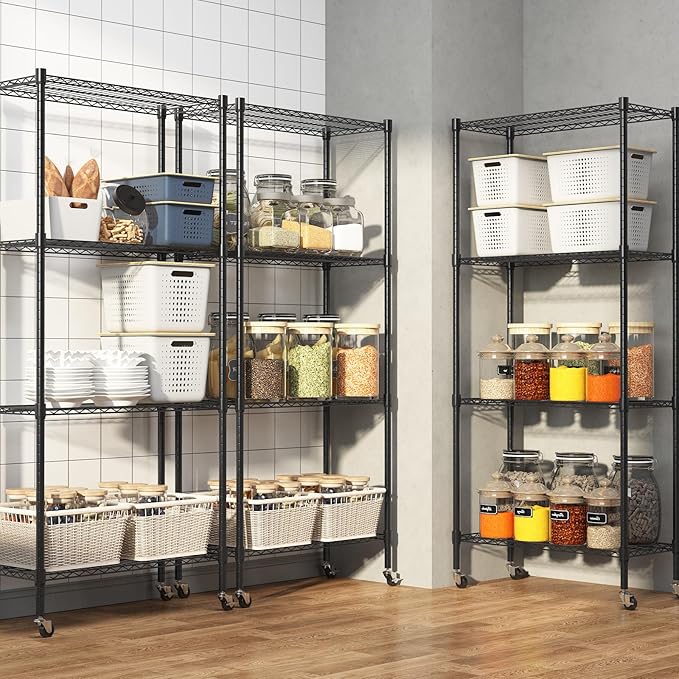 Homdox Heavy Duty 4-Tier Metal Shelving Unit with Adjustable Shelves, Rolling Storage Rack for Kitchen, Garage, Pantry, 29.92"x13.98"x74.41", Black