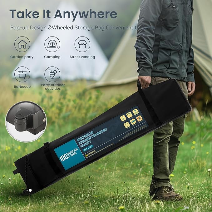 PHI VILLA 10x10ft 1-Person Setup Pop Up Canopy Tent Instant Portable Shelter w/ 1-Button Push, Case, 4 Weight Bags - Gray