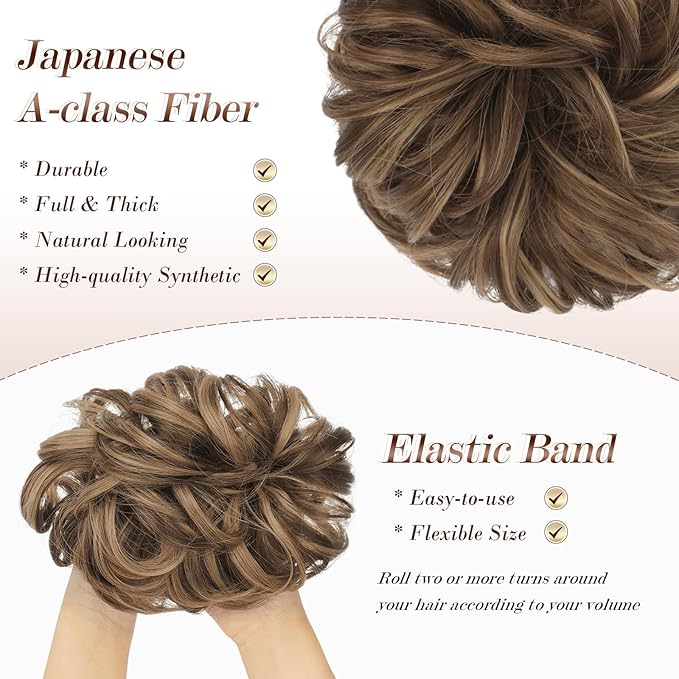 FESHFEN Messy Bun Hair Pieces - Large Wavy Curly Elastic Hair Bun Scrunchies Ponytail Extensions Synthetic Chignon Hairpieces for Women, Brown Mixed Honey Blonde 1.94oz