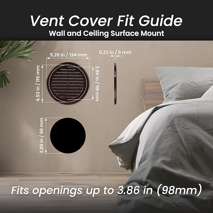 Repa Market 4 Inch (Opening) Brown Round Air Vent Cover - Pack of 5 Plastic Fresh Air Intake Vent - AC Cover with Nylon Mesh Screen - Wall, Ceiling HVAC Return Air Register - Modern Soffit Vents
