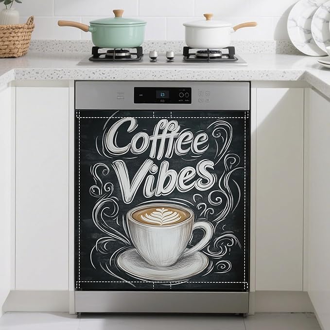Coffee Cup Words Dishwasher Magnets Decorative Cover,Coffee Vibes Magnet Fridge Panel Decal for Home Kitchen Decor,23x26 in