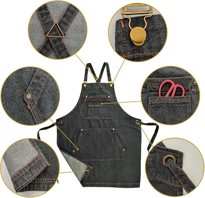 CACHIL Denim Apron with Pockets, Cross Back Apron for Men Women, Jean Work Aprons for Hairstylist Barber Grilling Gardening